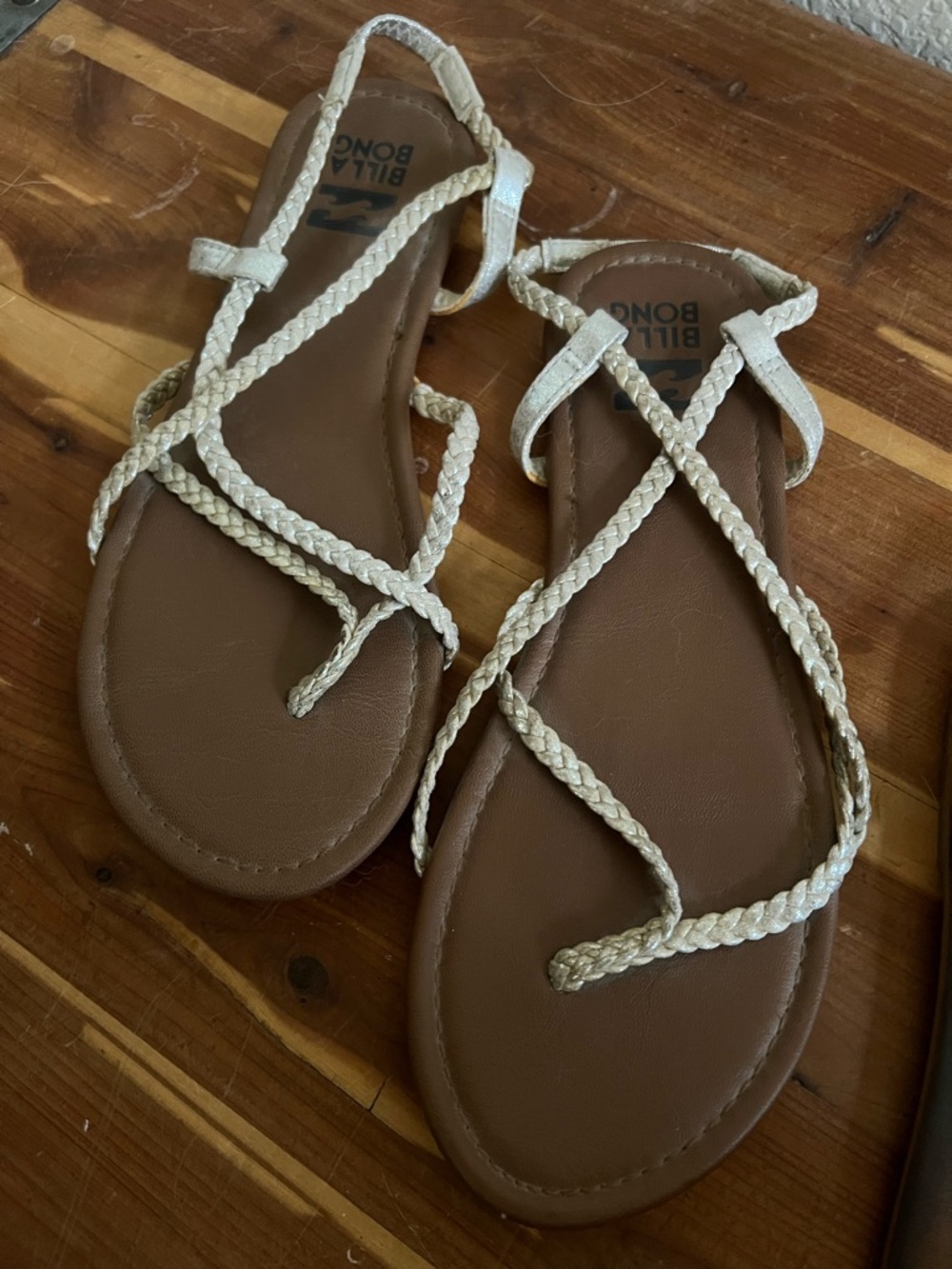 Billabong Metallic Silver Braided-Strap Flat Sandals